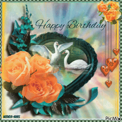Birthday -swans-birds-roses - Бесплатный анимированный гифка