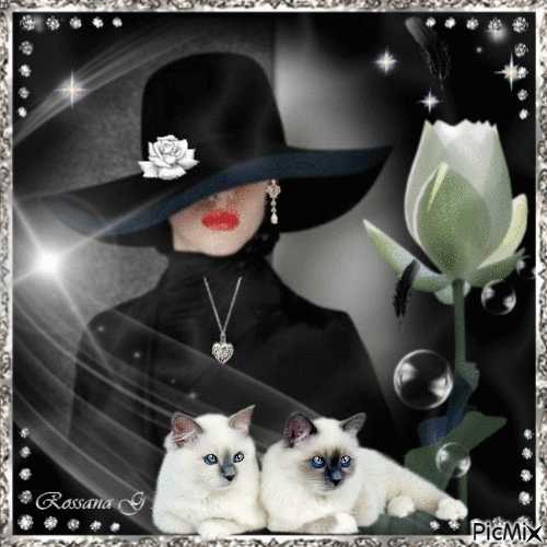 Lady whith black hat & her cat - Бесплатни анимирани ГИФ