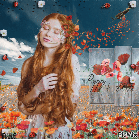 Beauté Rousse et Coquelicots - Darmowy animowany GIF