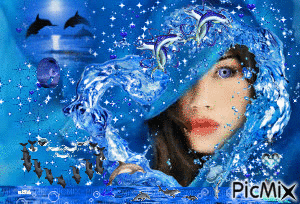 La femme en bleu et ses dauphins - 無料のアニメーション GIF