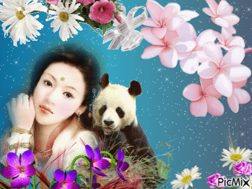 Asiatique et Panda - Gratis animerad GIF