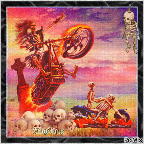Squelette sur une moto... 💜🖤🧡 - GIF animado gratis
