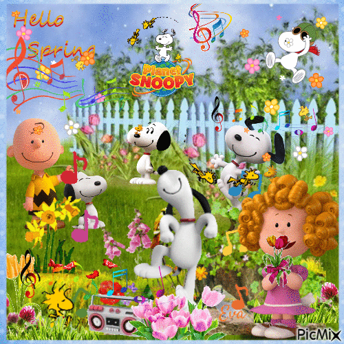 SNOOPY écoute le Printemps...🏵💐🏵💐🏵💐🏵 - Free animated GIF