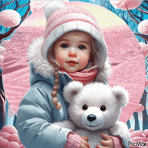 Petite fille et sa peluche en hiver - GIF animé gratuit