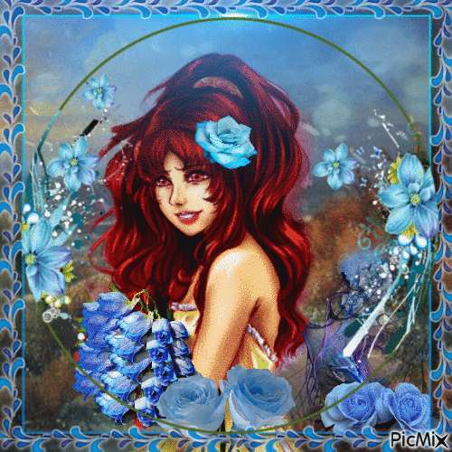 roussette avec ses roses bleu - Бесплатный анимированный гифка