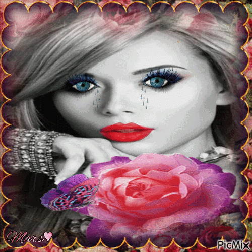 rostro con rosa rosada y mariposa - GIF animado grátis