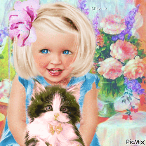 Little girl and her cat/contest - Безплатен анимиран GIF