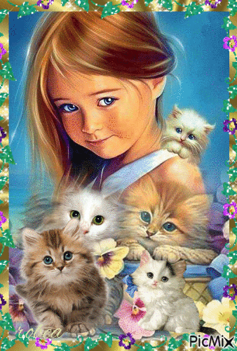 petite entouré de ses petit chatons - Free animated GIF