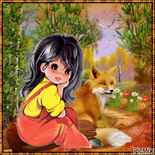 fille et renard - Gratis animerad GIF