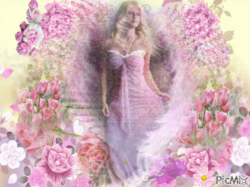 PRETTY ANGEL DRESSED IN PINK AMONG PINK FLOWERS AND SPARKLES. - Бесплатный анимированный гифка