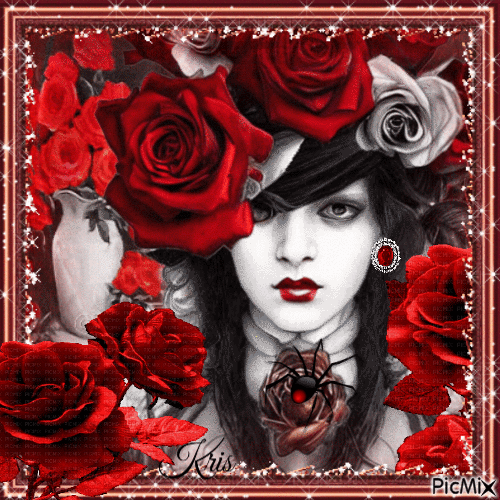 Sorcière et roses rouges - GIF animé gratuit