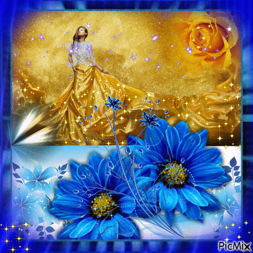 femme en jaune et bleu - Zdarma animovaný GIF