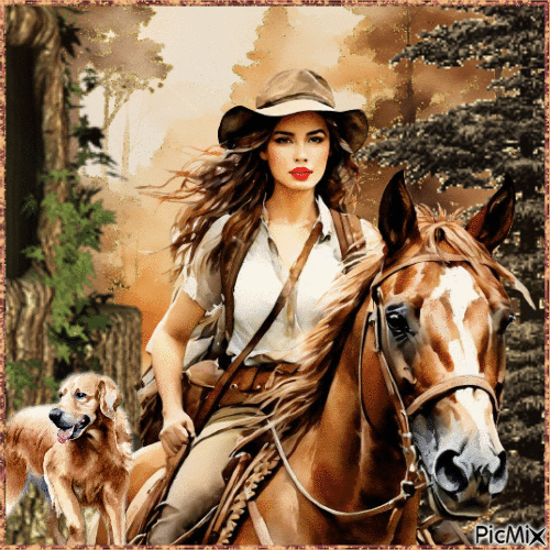 Concours : Femme en promenade avec un cheval et un chien - Безплатен анимиран GIF