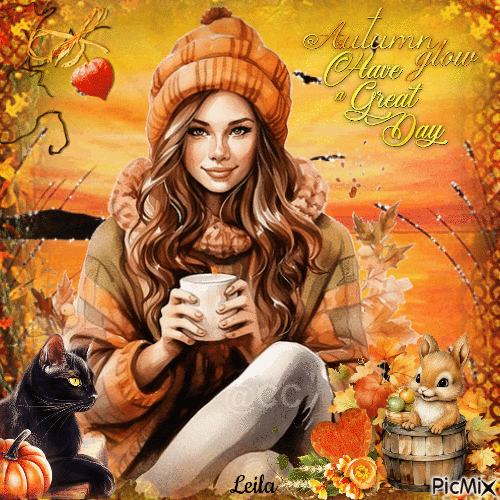 Autumn glow Have a Great Day. Woman, cat, coffee - Zdarma animovaný GIF