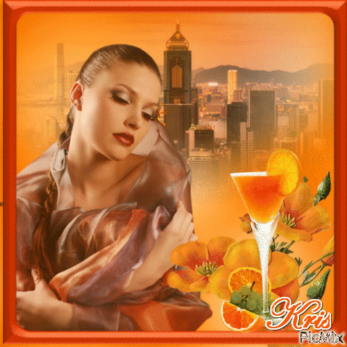 femme orange dans le panorama de fond de la ville 🌼 🌹💝😘 - Gratis animerad GIF