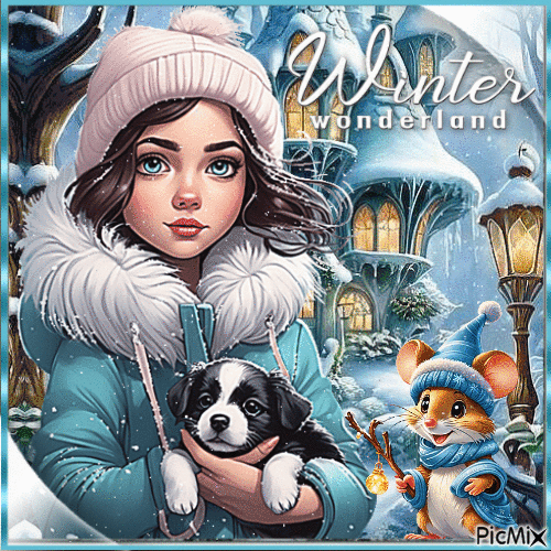 Child in winter with his dog - GIF animado gratis