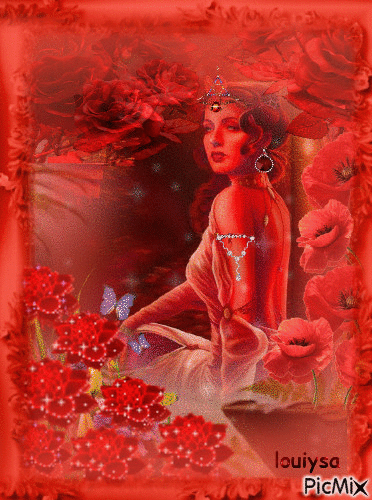 femme aux fleurs rouges - Бесплатный анимированный гифка