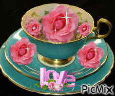 GREEN, GOLD, AND PINK CUP SAUCER, AND PLATE.5 PINK ROSES AND SPARKLES, AND A SIGH SAYS LOVE WITH 2 PINK ROSES AND GLITTERS. - Free animated GIF