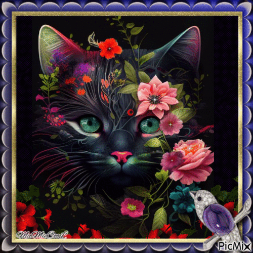 chat noir avec des fleurs - Безплатен анимиран GIF