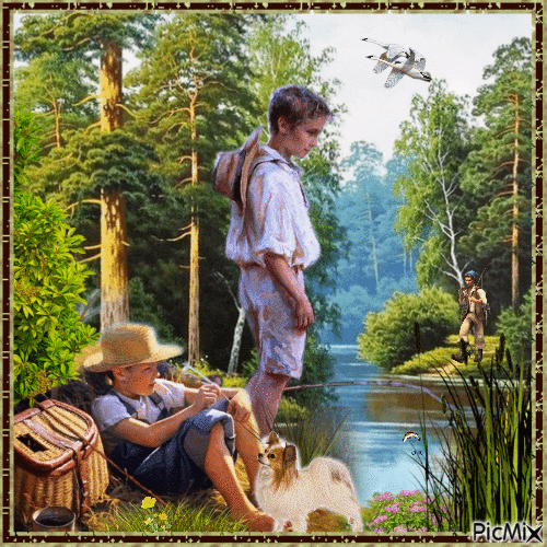 Kinder fischen am Teich - Vintage - GIF เคลื่อนไหวฟรี
