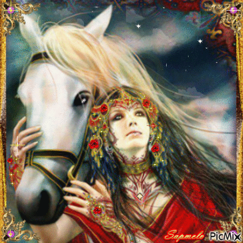 Cavalo e dama de vermelho - 免费动画 GIF