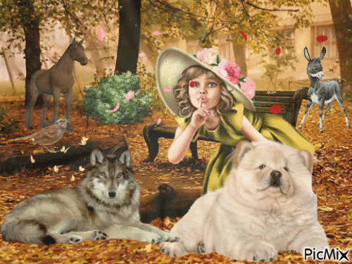 menina e seus animais - GIF animado gratis
