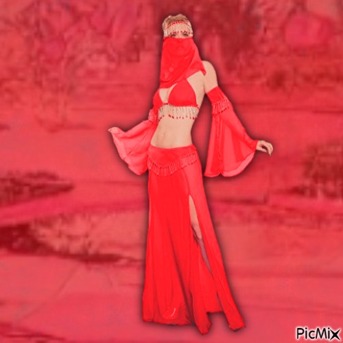 Red suited girl genie in desert - PNG gratuit