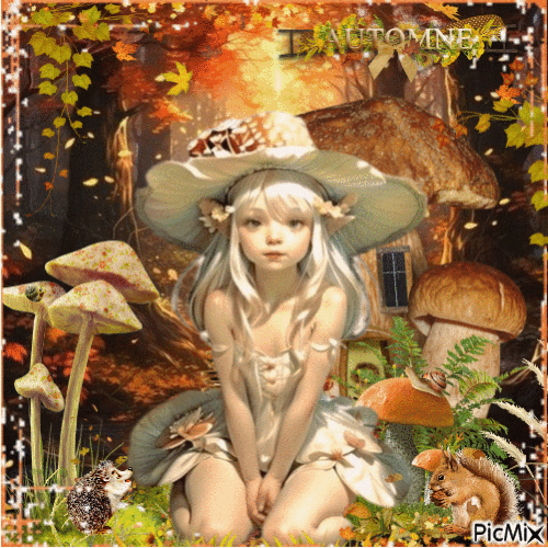 Autumn Girl and Mushrooms - Безплатен анимиран GIF