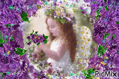 BEAUTIFUL ANGEL HOLDING FLASHING GOLD PURPLE. SURROUNDED BY PURPLE FLOWERS SURROUND HER, TO MAKE AN OVAL FRAME ARROUND HER. - Darmowy animowany GIF