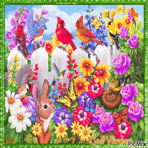 Happy Spring. Birds and flowers - Free animated GIF