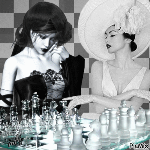 Concours "Filles en noir et blanc avec un jeu d'échecs" - Gratis geanimeerde GIF