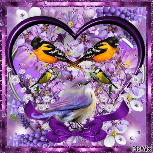 FINE BIRDS ARE IN A PURPLE HEART, BEHIND ARE FLASHING FLOWERWSAND PURPLETERE IS FLASHING LIGHTS, AND A PRETTY PURPLE BOW UNGER THE HGEART, AND A PURPLE FLASHING FRAME. - GIF animé gratuit