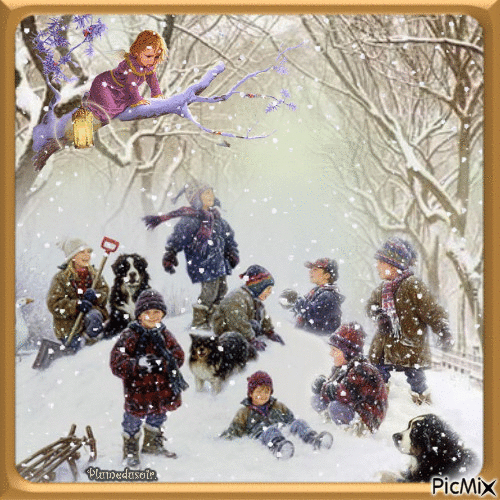 Les enfants jouent dans la neige. - Бесплатный анимированный гифка