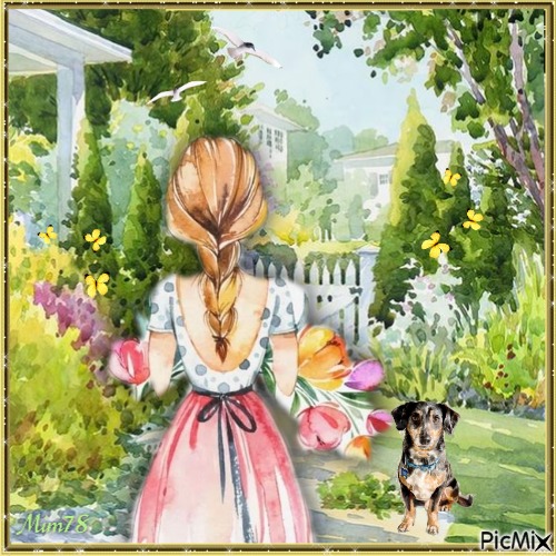 la fille et le jardin-aquarelle - gratis png