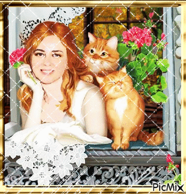 Sophia and her two cats - Free animated GIF