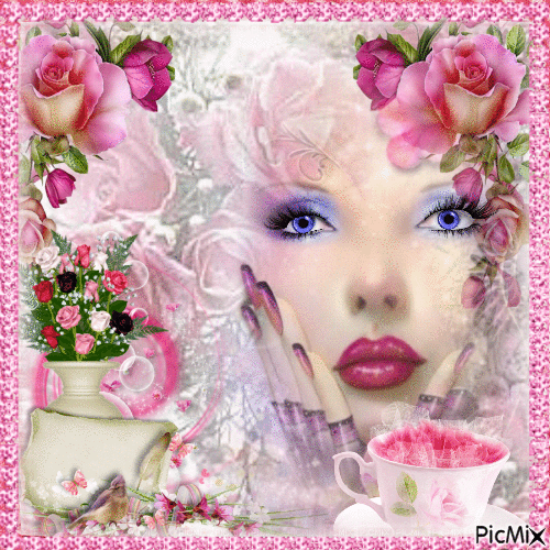 Jeune femme  en  rose  et  mauve,  dans  les  roses - GIF animado gratis