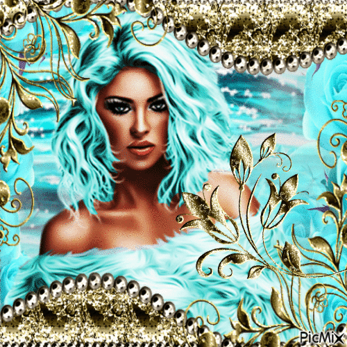 Belle femme en turquoise et or....concours - GIF animado grátis