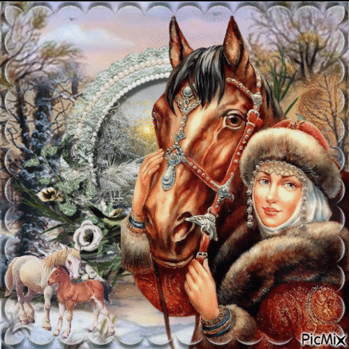 Femme avec son cheval en hiver - GIF animate gratis
