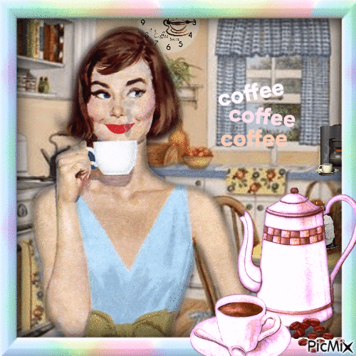 Frau trinkt Kaffee in Pastellfarben - Vintage - Darmowy animowany GIF