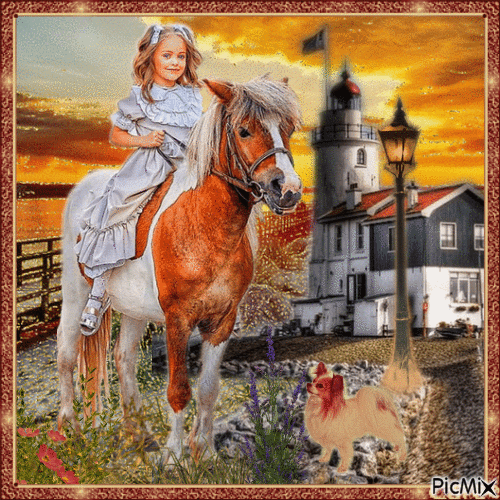 Kleines Mädchen mit ihren Pony am Leuchtturm - GIF เคลื่อนไหวฟรี