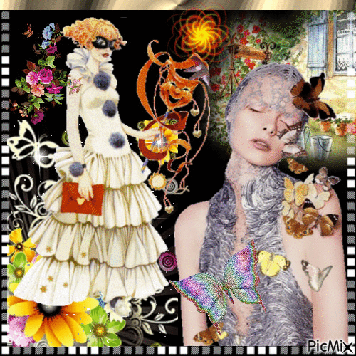 Portrait Women Arlequin Flowers Butterflies Bird Colors Glitter Glamour - GIF animado grátis
