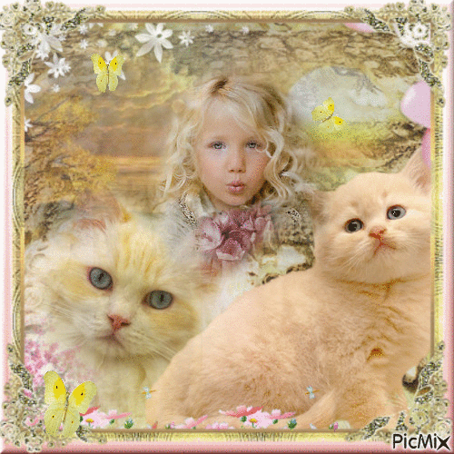 chat et jeune fille - GIF animado grátis