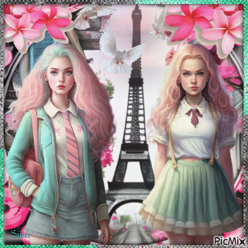 Girls in front of the Eiffel Tower - Бесплатни анимирани ГИФ