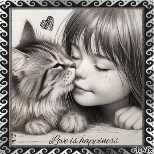 Love is Happiness. Girl, cat, black, white - Ücretsiz animasyonlu GIF