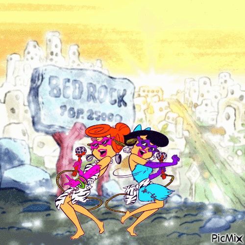 Wilma and Betty rocking in Bedrock - Free animated GIF