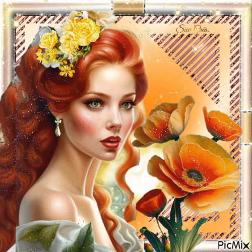 Dame aux cheveux roux avec fleur - Zdarma animovaný GIF