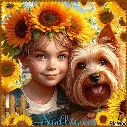 Sunflower child with her pet - 無料のアニメーション GIF