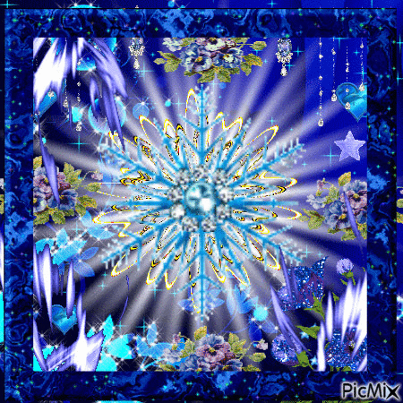 A BLUE SPARKLING FRAME, BLUE FLOWERS LIT UP AND BLUE FLOWERS SPARKLINGA LIGHT IN THE MIDDLE WITH SPARKLES AND A BIG SNOWFLAKE AND LOTS OF DIAMONDS HANGING FROM THE TOP.A FEW BLUE HEARTS AND STARS, AND BLUE AND WHITE FALLING FROM TOP AND BOTTOM. - 無料のアニメーション GIF