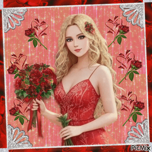 Fille blonde en rouge avec des roses rouges - Zdarma animovaný GIF