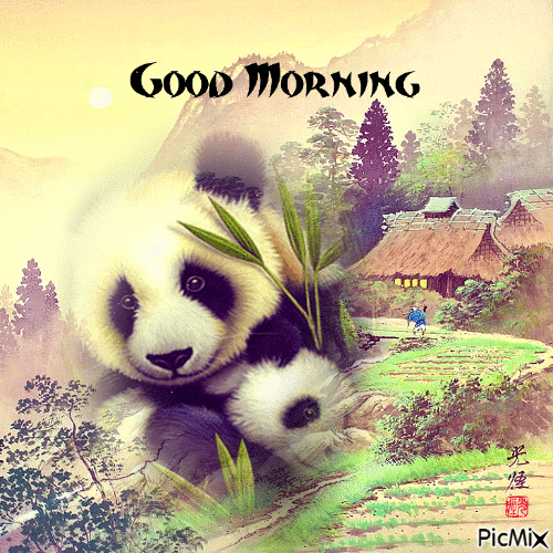Good Morning Mum and Baby Panda - GIF animé gratuit